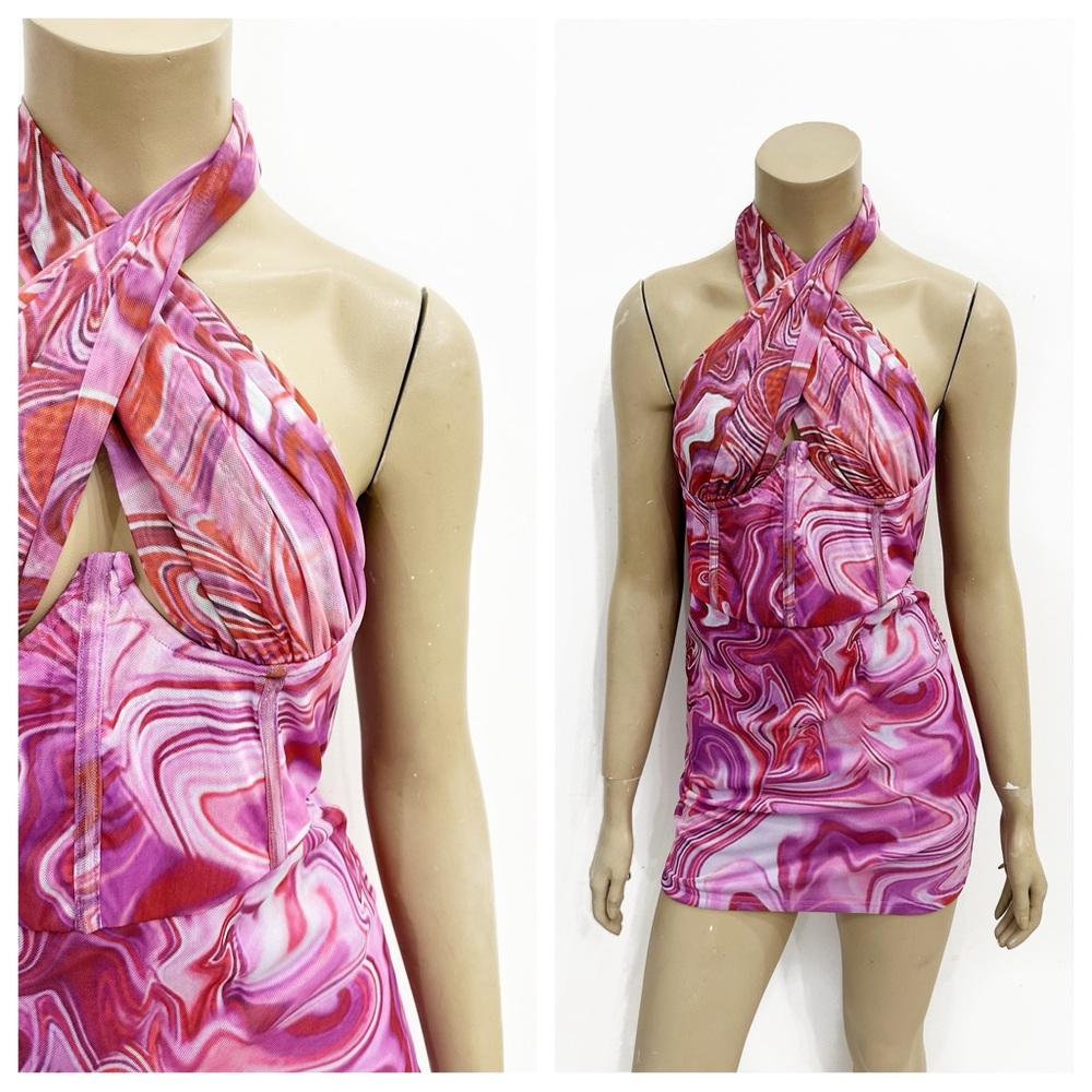 BARDOT pink tie dye mesh swirl mini dress. Size 6.